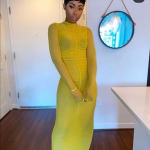 Mustard midi dress with mesh sleeves